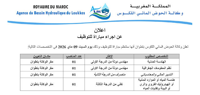 مباراة توظيف 4 مناصب بوكالة الحوض المائي اللوكوس آخر أجل 24 أبريل 2026